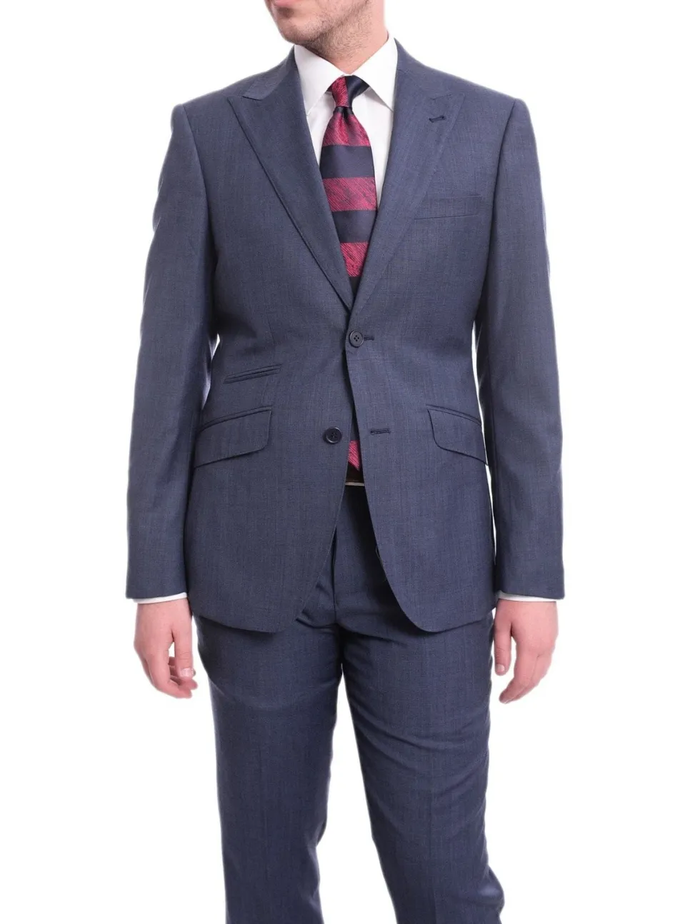 Ideal Slim Fit Heather Blue Two Button Wool Suit With Peak Lapels