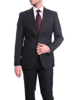 Ideal Slim Fit Solid Navy Blue Two Button Wool Suit With Peak Lapels