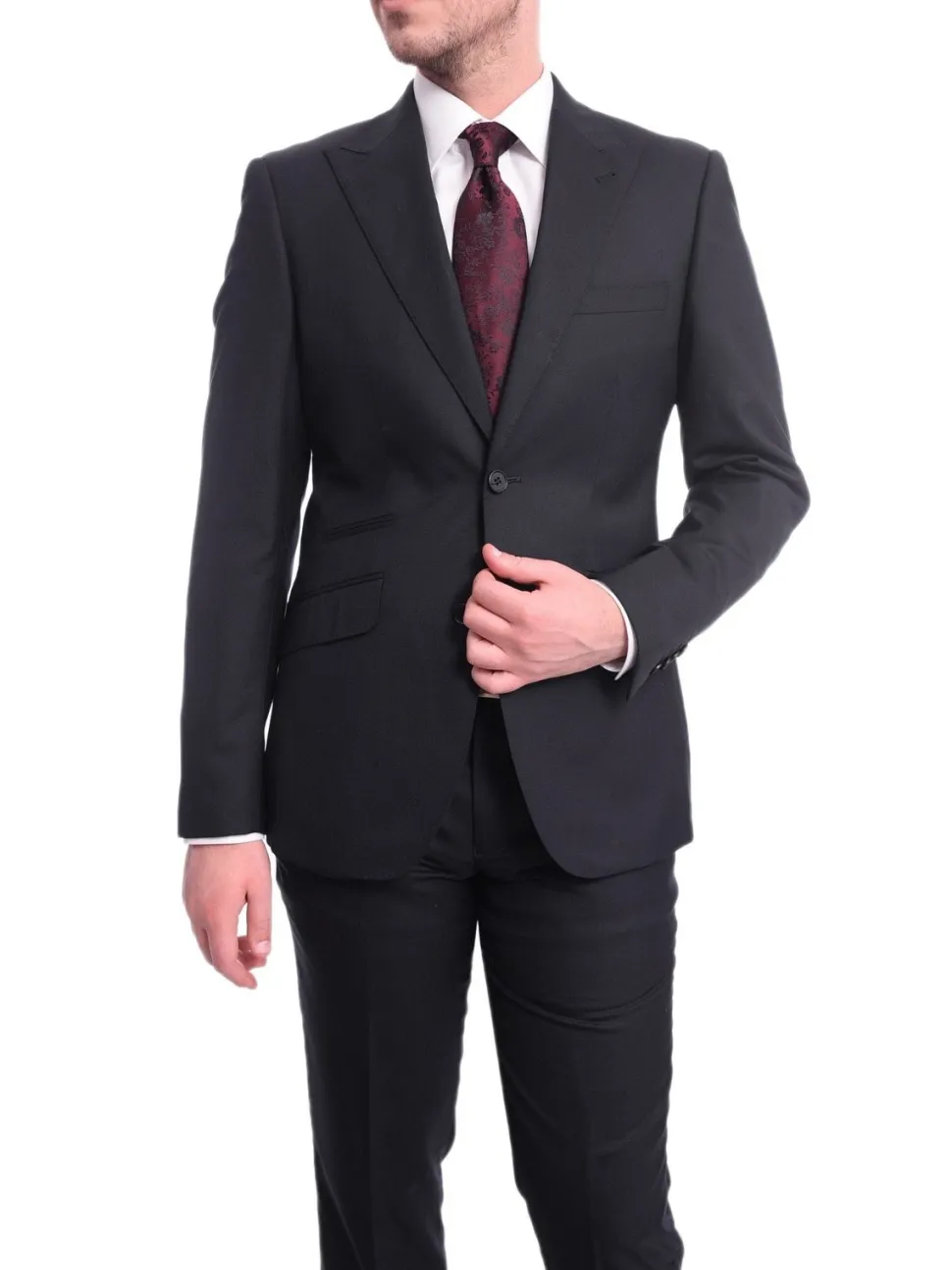 Ideal Slim Fit Solid Navy Blue Two Button Wool Suit With Peak Lapels