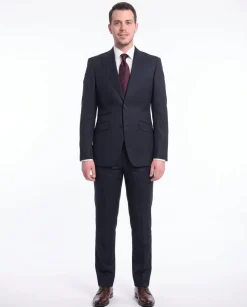 Ideal Slim Fit Solid Navy Blue Two Button Wool Suit With Peak Lapels