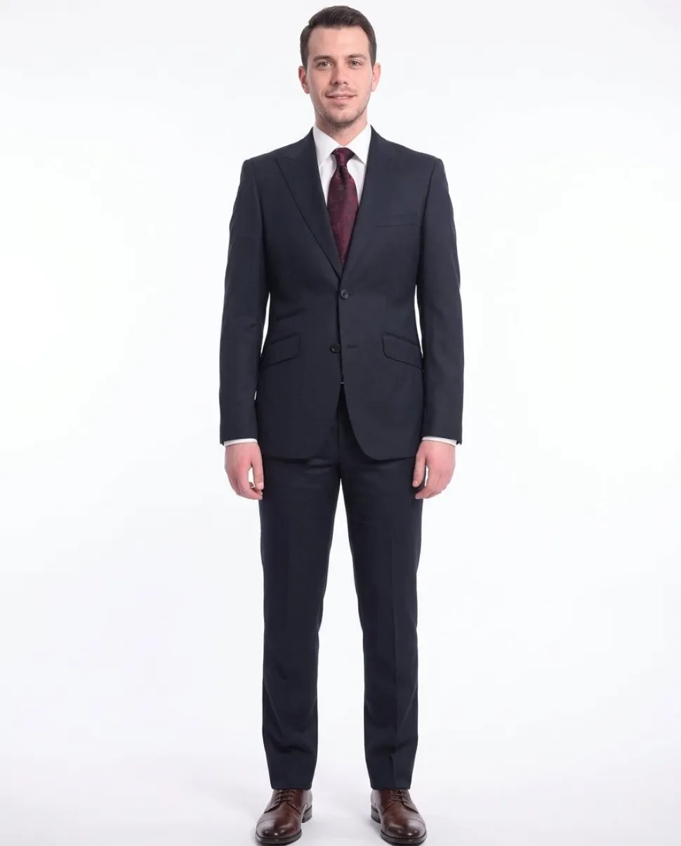 Ideal Slim Fit Solid Navy Blue Two Button Wool Suit With Peak Lapels