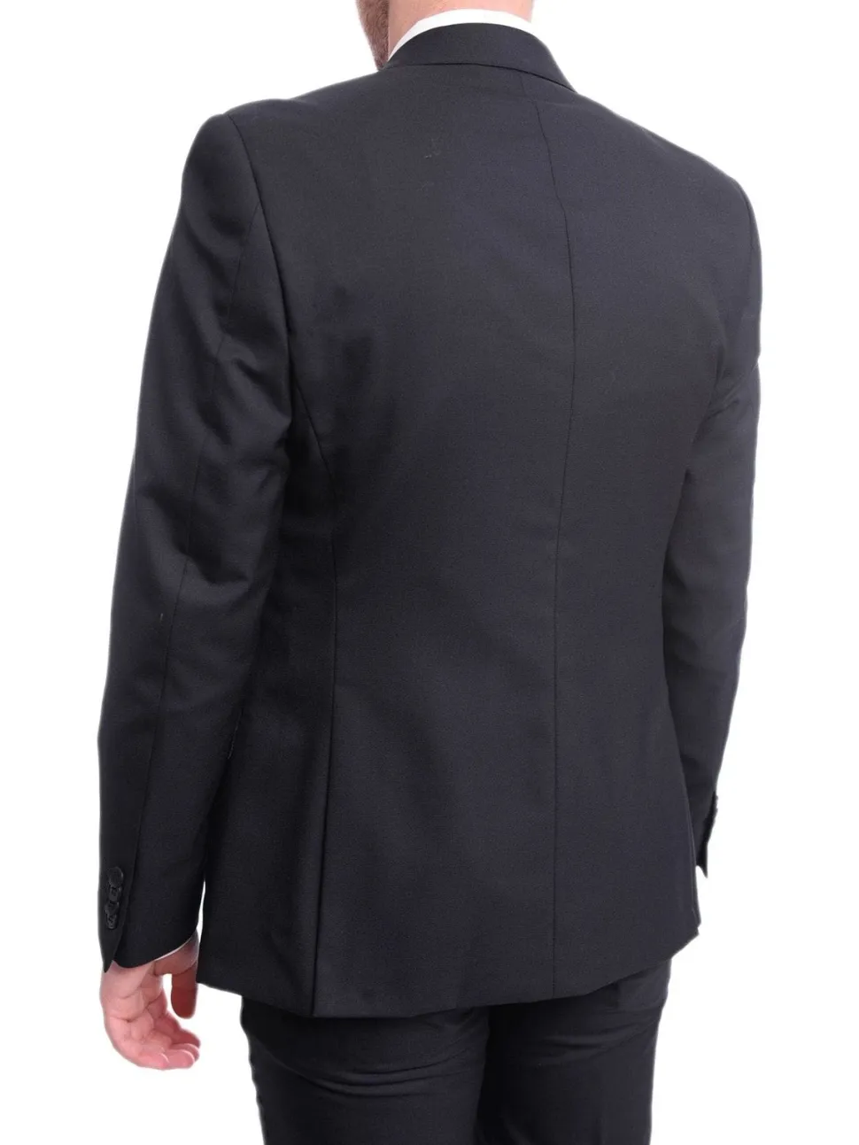 Ideal Slim Fit Solid Navy Blue Two Button Wool Suit With Peak Lapels