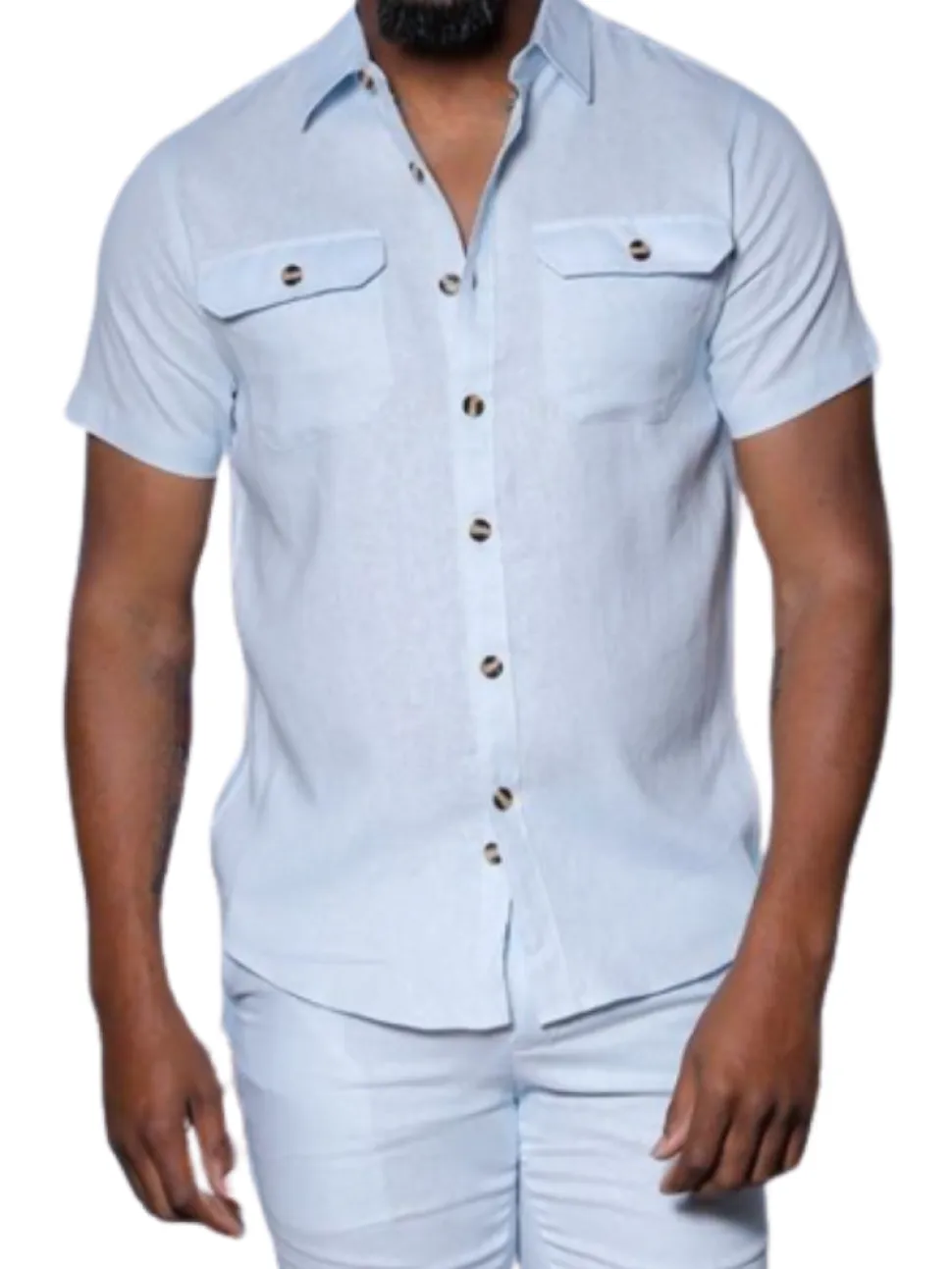 Insomnia Mens Solid Sky Blue Linen Blend Short Sleeves Walking suit