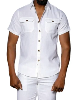 Insomnia Mens Solid White Linen Blend Short Sleeves Walking suit