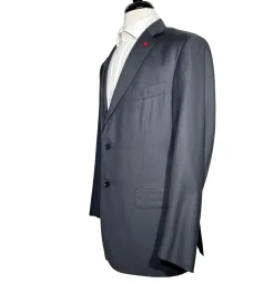 Isaia Mens Black Textured Fully-Canvassed Notch Lapel Classic Fit 2-Button Wool Suit - 44L