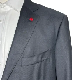 Isaia Mens Black Textured Fully-Canvassed Notch Lapel Classic Fit 2-Button Wool Suit - 44L