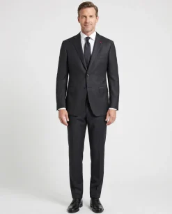 Isaia Mens Black Textured Fully-Canvassed Notch Lapel Classic Fit 2-Button Wool Suit - 44L