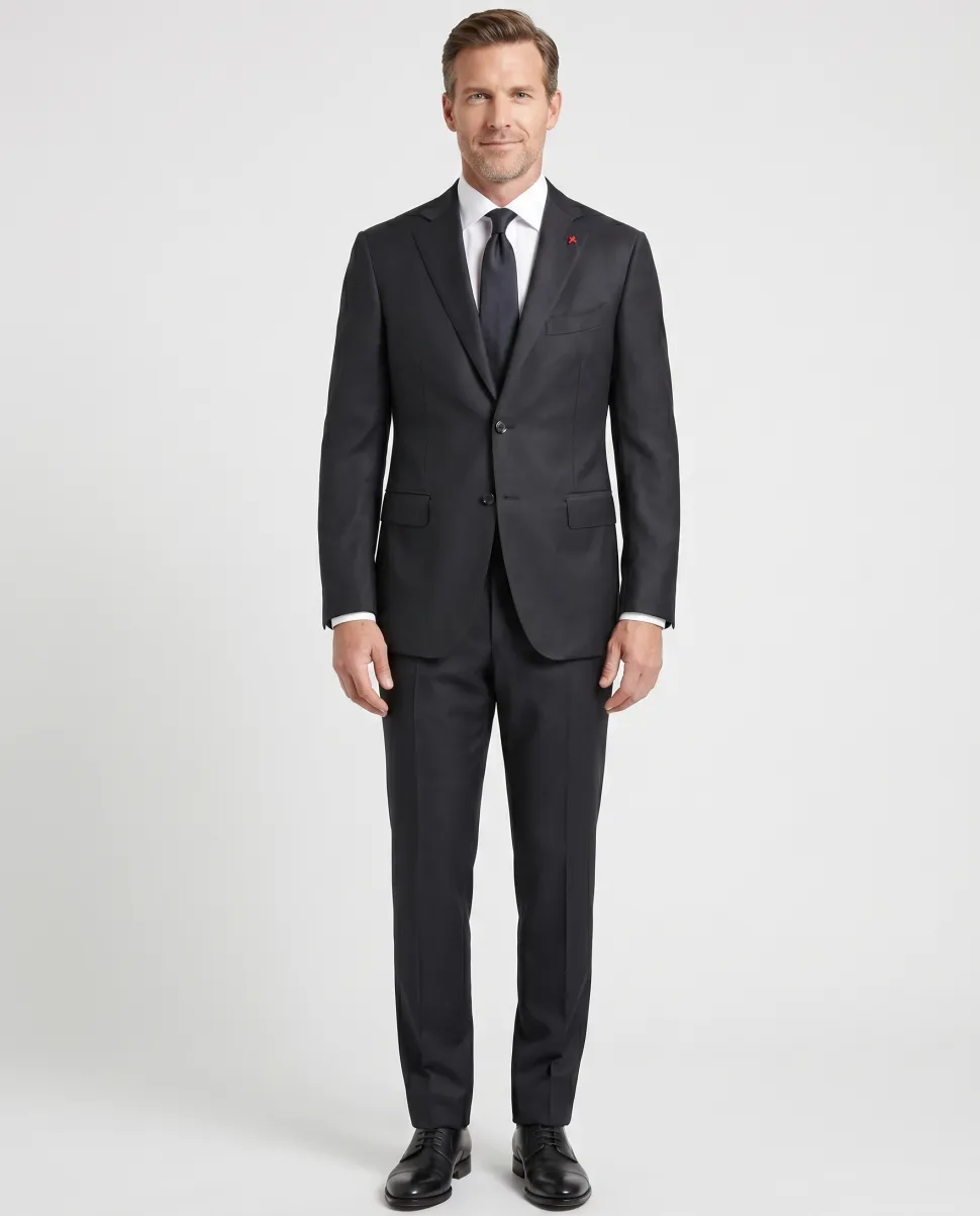 Isaia Mens Black Textured Fully-Canvassed Notch Lapel Classic Fit 2-Button Wool Suit - 44L
