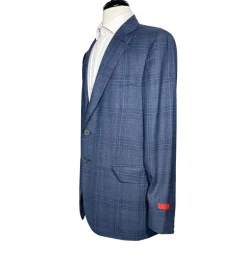 Isaia Mens Blue Plaid Fully-Canvassed Notch Lapel Classic Fit 2-Button Wool Suit - 44L