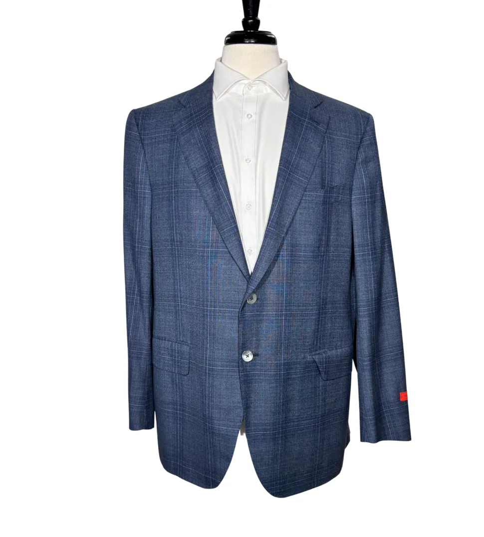 Isaia Mens Blue Plaid Fully-Canvassed Notch Lapel Classic Fit 2-Button Wool Suit - 44L