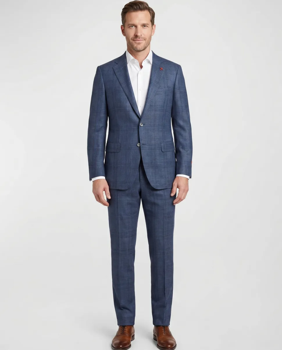 Isaia Mens Blue Plaid Fully-Canvassed Notch Lapel Classic Fit 2-Button Wool Suit - 44L