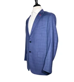 Isaia Mens Blue Windowpane Fully-Canvassed Notch Lapel Slim Fit 2-Button Wool Suit - 44L