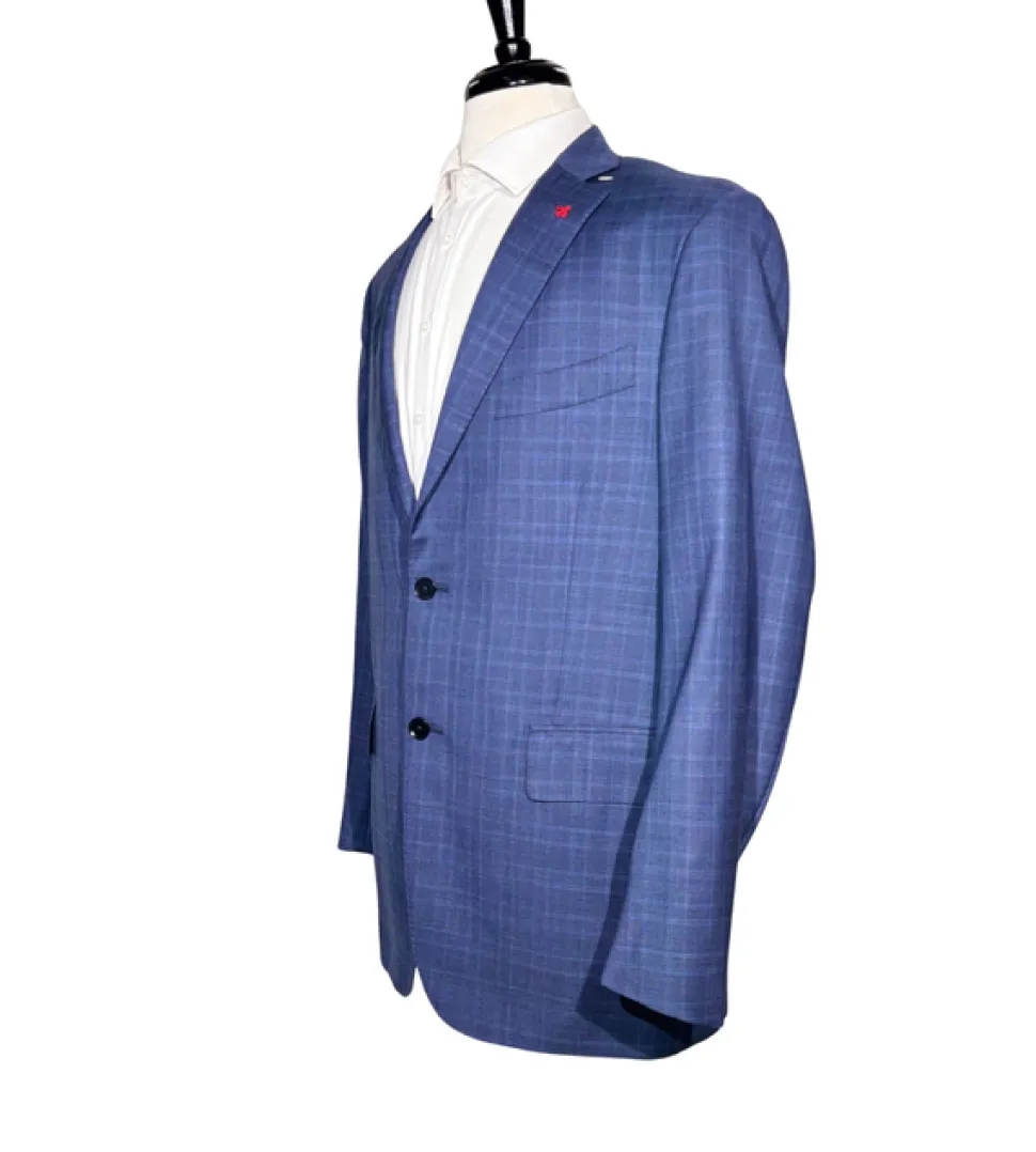 Isaia Mens Blue Windowpane Fully-Canvassed Notch Lapel Slim Fit 2-Button Wool Suit - 44L