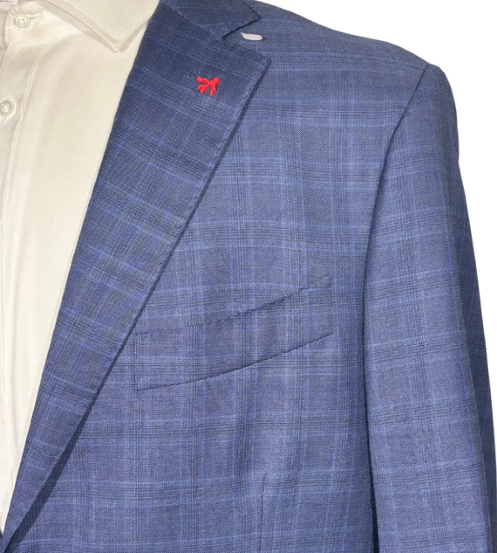 Isaia Mens Blue Windowpane Fully-Canvassed Notch Lapel Slim Fit 2-Button Wool Suit - 44L