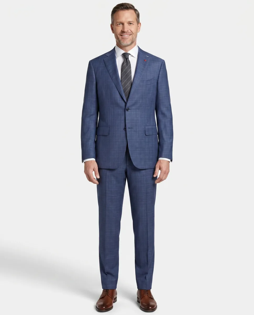 Isaia Mens Blue Windowpane Fully-Canvassed Notch Lapel Slim Fit 2-Button Wool Suit - 44L