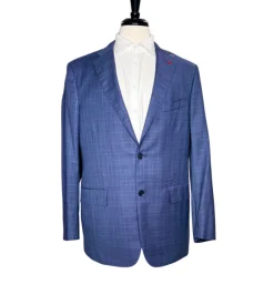 Isaia Mens Blue Windowpane Fully-Canvassed Notch Lapel Slim Fit 2-Button Wool Suit - 44L