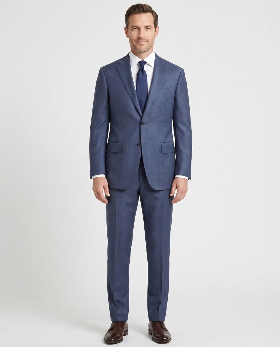 Isaia Mens Blue Windowpane Fully-Canvassed Notch Lapel Slim Fit 2-Button Wool Suit - 44L