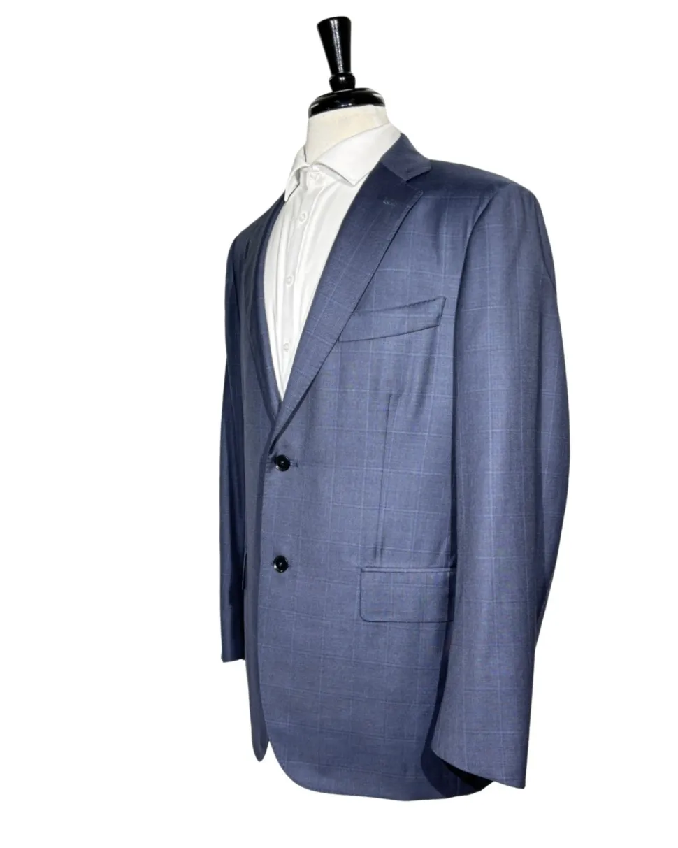 Isaia Mens Blue Windowpane Fully-Canvassed Notch Lapel Classic Fit 2-Button Wool Suit - 44L