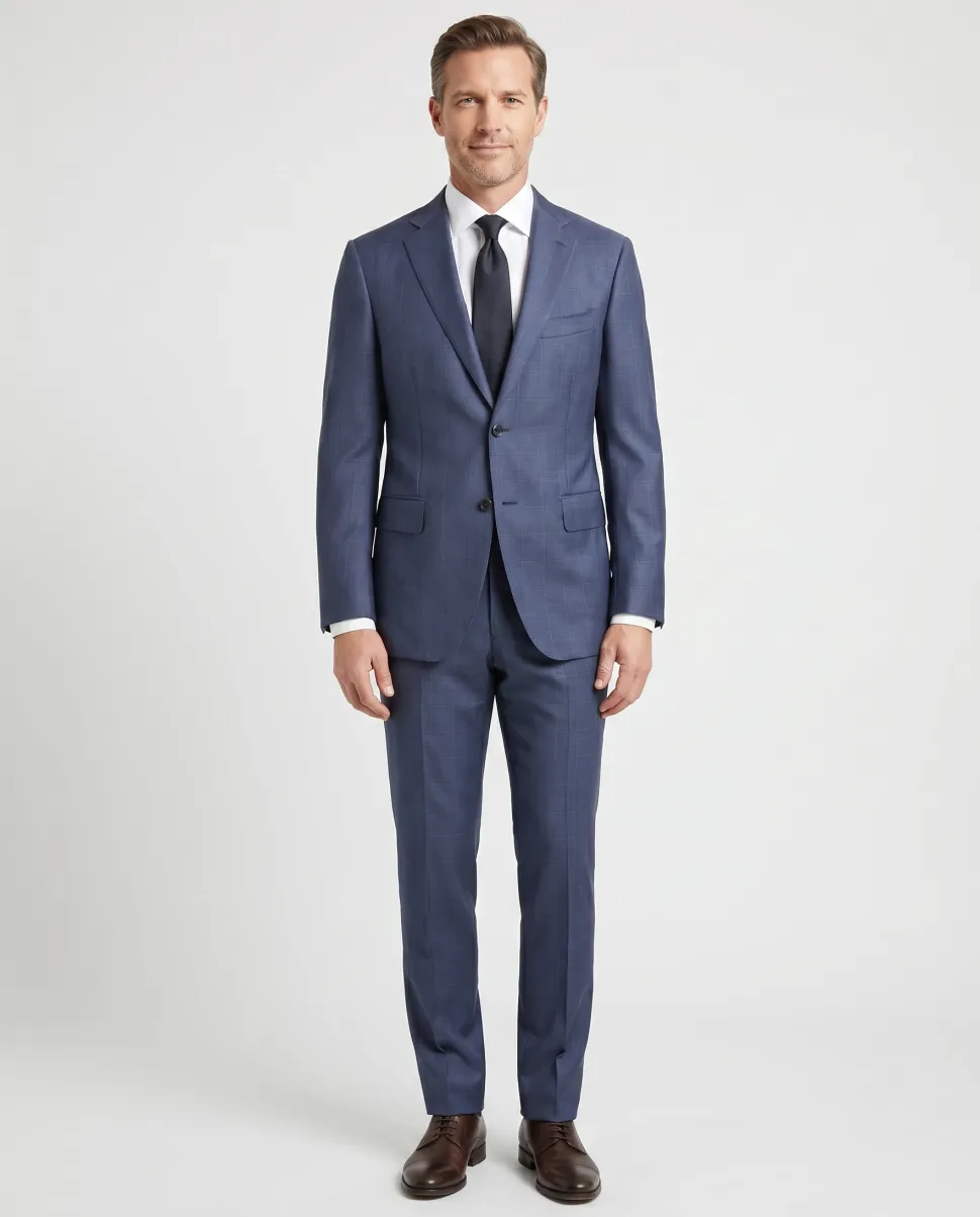Isaia Mens Blue Windowpane Fully-Canvassed Notch Lapel Classic Fit 2-Button Wool Suit - 44L
