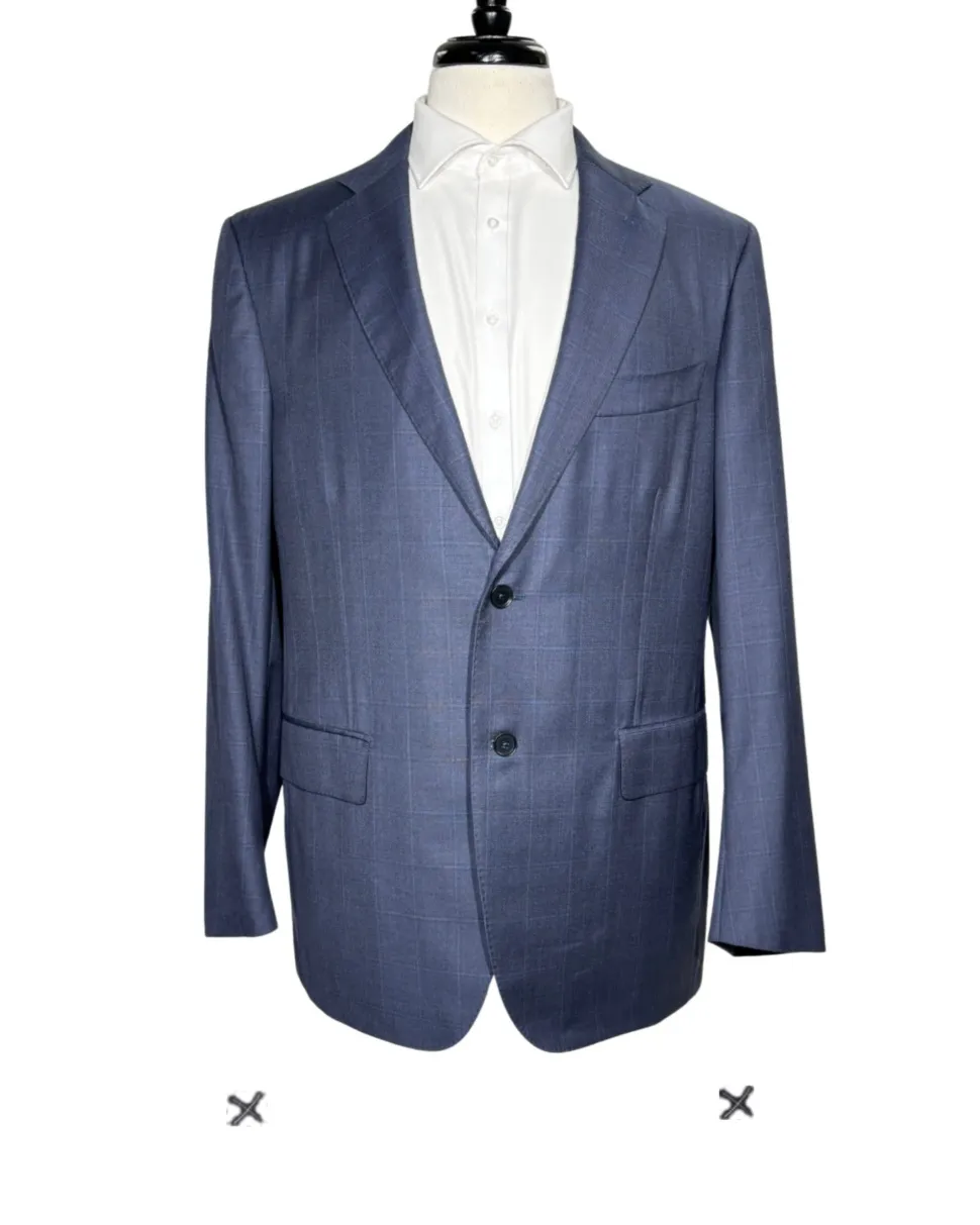 Isaia Mens Blue Windowpane Fully-Canvassed Notch Lapel Classic Fit 2-Button Wool Suit - 44L