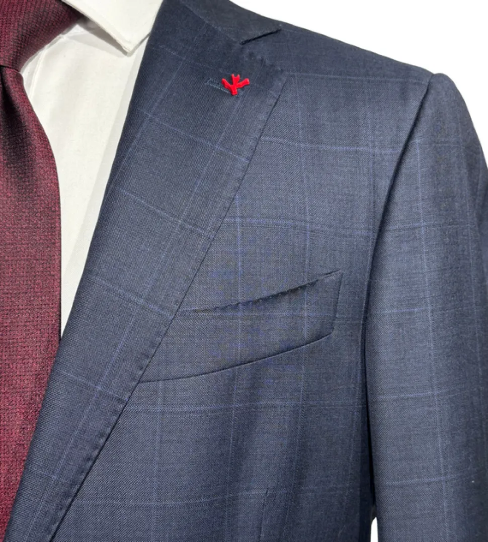 Isaia Mens Blue Windowpane Fully-Canvassed Notch Lapel Classic Fit 2-Button Wool Suit - 40R