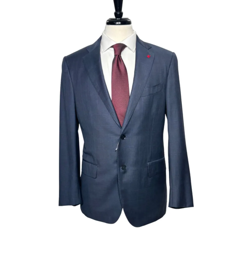 Isaia Mens Blue Windowpane Fully-Canvassed Notch Lapel Classic Fit 2-Button Wool Suit - 40R