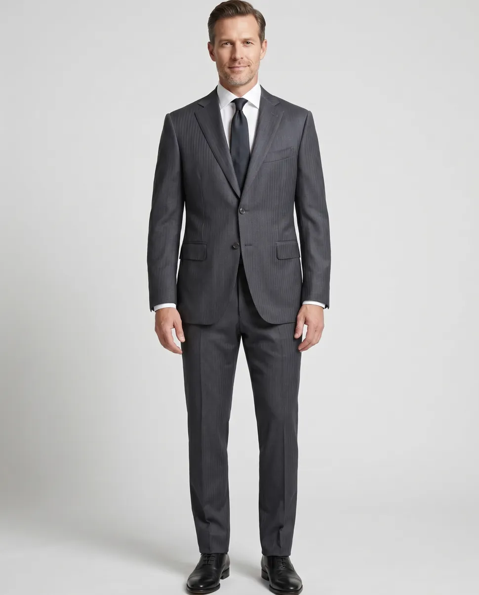 Isaia Mens Charcoal Gray Tonal Stripe Fully-Canvassed Notch Lapel Slim Fit 2-Button Wool Suit - 44L