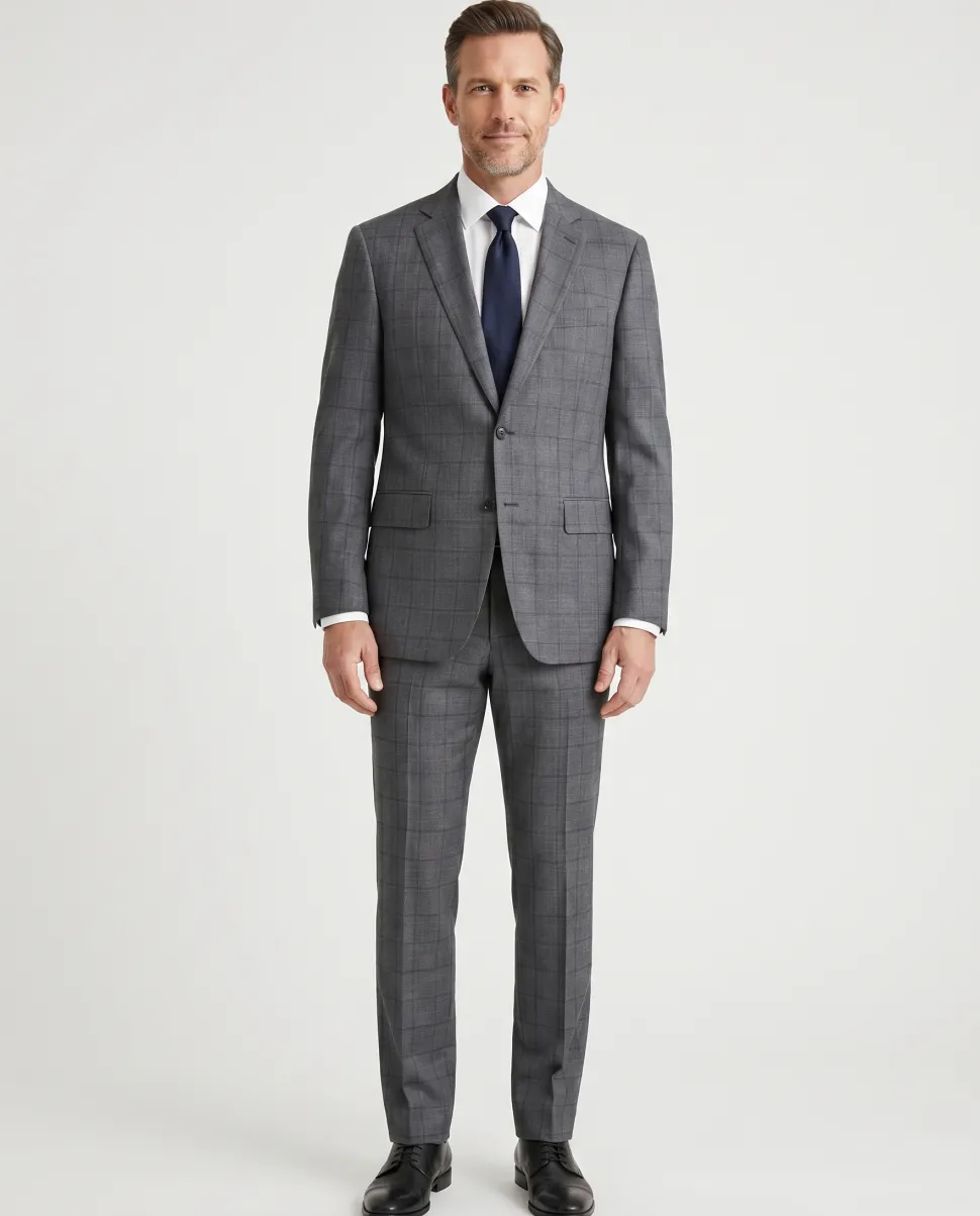 Isaia Mens Charcoal Windowpane Fully-Canvassed Notch Lapel Classic Fit 2-Button Wool Suit - 44L
