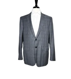 Isaia Mens Charcoal Windowpane Fully-Canvassed Notch Lapel Classic Fit 2-Button Wool Suit - 44L