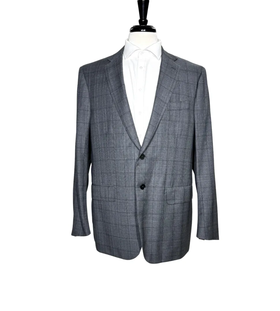 Isaia Mens Charcoal Windowpane Fully-Canvassed Notch Lapel Classic Fit 2-Button Wool Suit - 44L