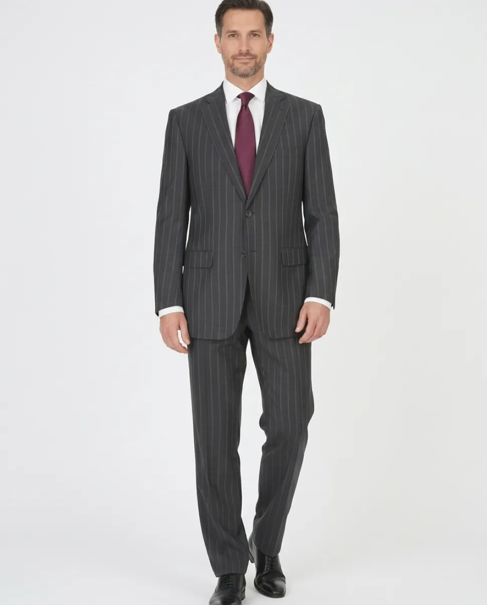 Isaia Mens 46L Drop 8 Gray Striped 150s Wool Silk Blend Slim Fit 2 Piece Suit