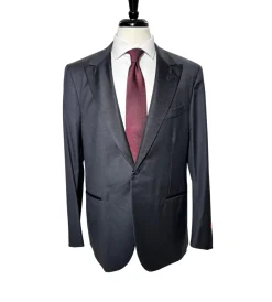 Isaia Mens Solid Dark Charcoal Fully-Canvassed Peak Lapel Classic Fit 1-Button Wool Tuxedo - 44R