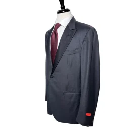 Isaia Mens Solid Dark Charcoal Fully-Canvassed Peak Lapel Classic Fit 1-Button Wool Tuxedo - 44R