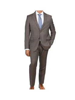 Italiano Mens Brown Check 100% Zegna Wool Slim Fit 2 Button Suit