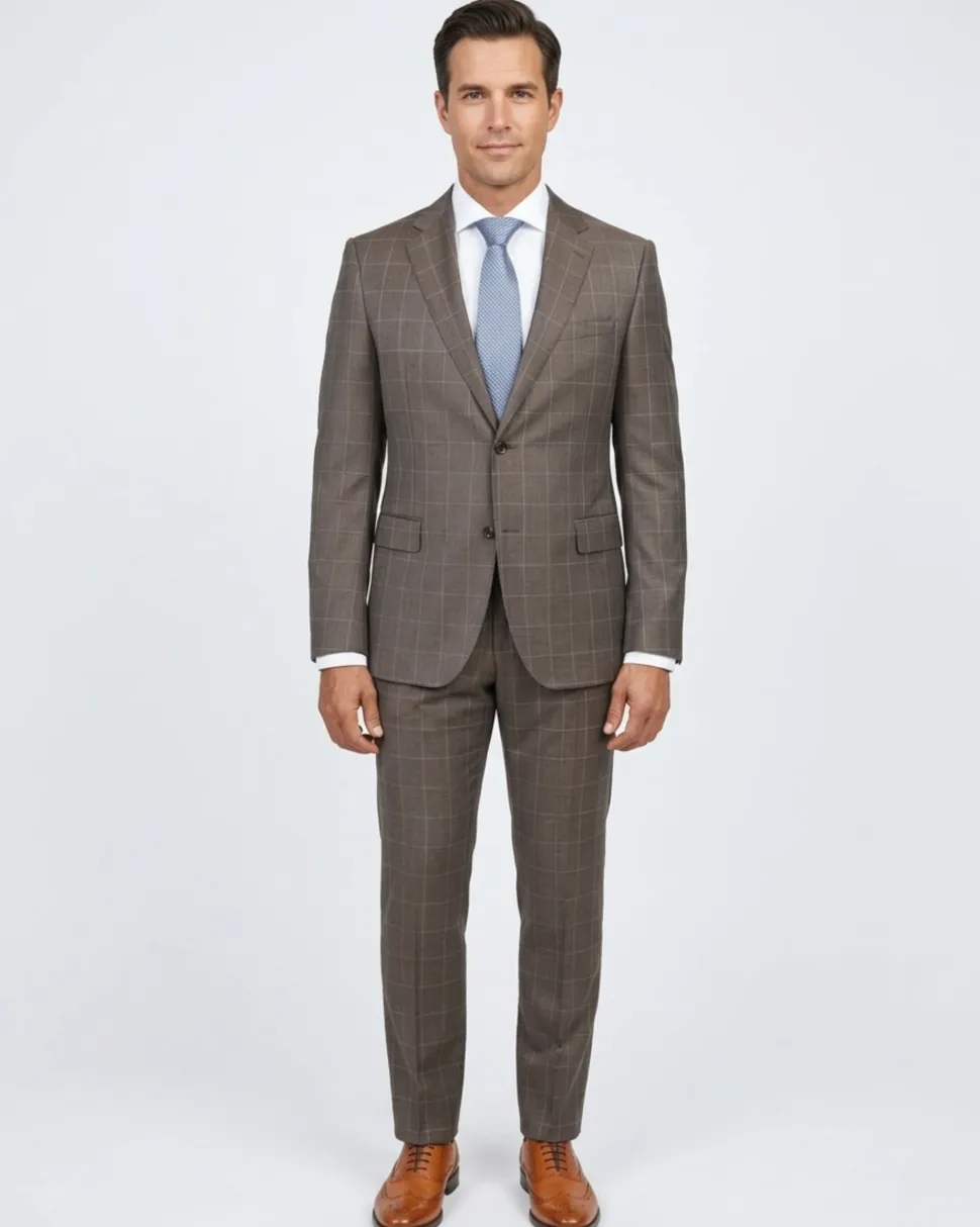 Italiano Mens Brown Check 100% Zegna Wool Slim Fit 2 Button Suit