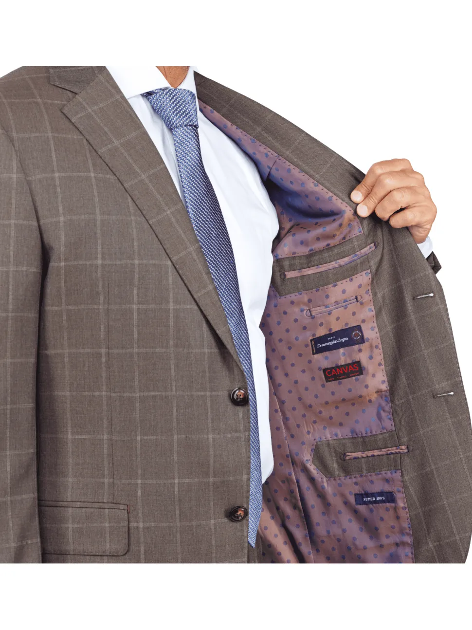 Italiano Mens Brown Check 100% Zegna Wool Slim Fit 2 Button Suit