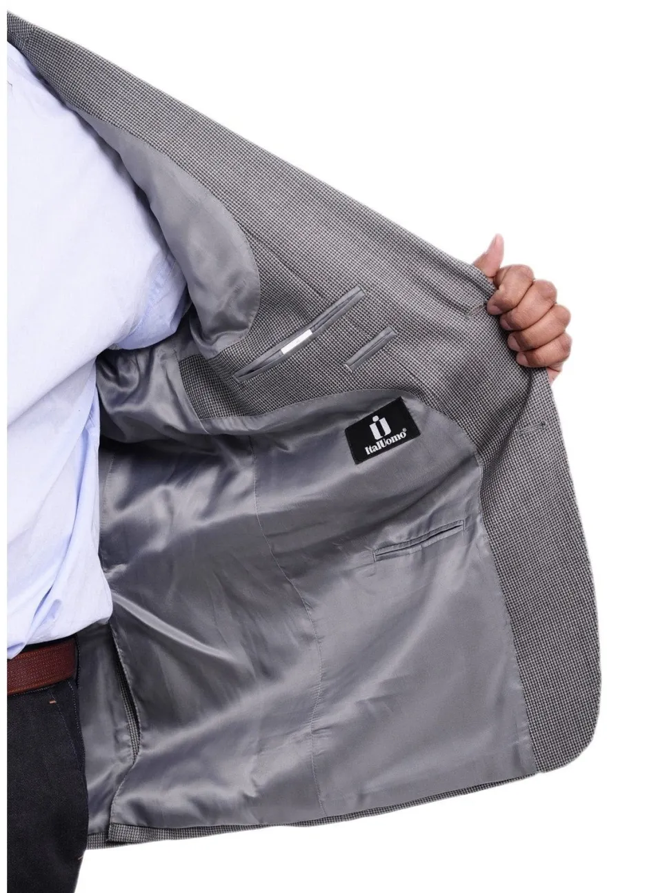 I Uomo Classic Fit Gray Houndstooth Two Button Silk Blend Blazer Sportcoat