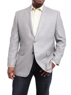 I Uomo Classic Fit Gray Plaid Windowpane Silk Wool Blend Blazer Sportcoat