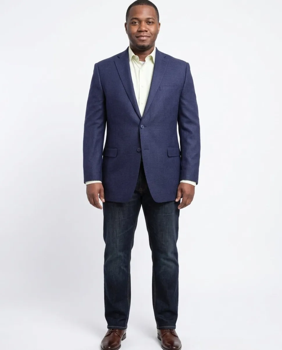 I Uomo Classic Fit Navy Blue Glen Plaid Flannel Wool Blazer Sportcoat
