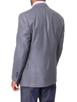 I Uomo Mens Blue Plaid Windowpane 100% Wool Regular Fit Blazer Sportcoat