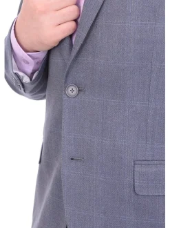 I Uomo Men's Blue Windowpane Plaid Two Button Silk Wool Blazer Sportcoat