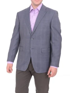 I Uomo Men's Blue Windowpane Plaid Two Button Silk Wool Blazer Sportcoat