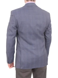 I Uomo Men's Blue Windowpane Plaid Two Button Silk Wool Blazer Sportcoat
