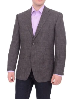 I Uomo Men's Regular Fit Brown Glen Plaid Two Button Wool Blazer Sportcoat