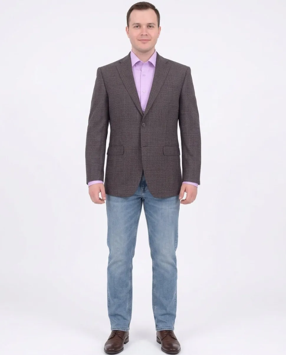 I Uomo Men's Regular Fit Brown Glen Plaid Two Button Wool Blazer Sportcoat