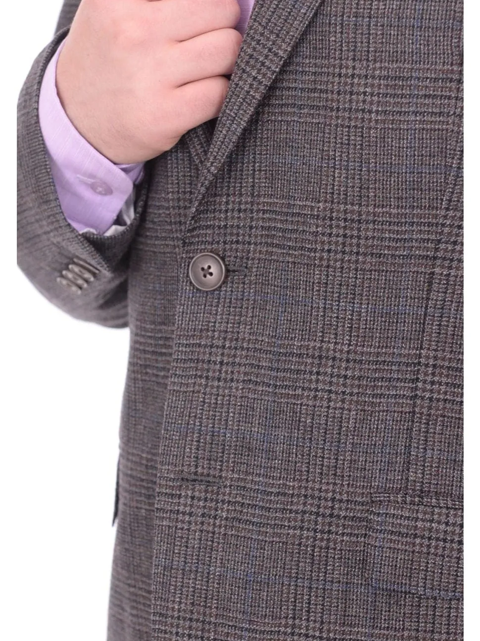 I Uomo Men's Regular Fit Brown Glen Plaid Two Button Wool Blazer Sportcoat