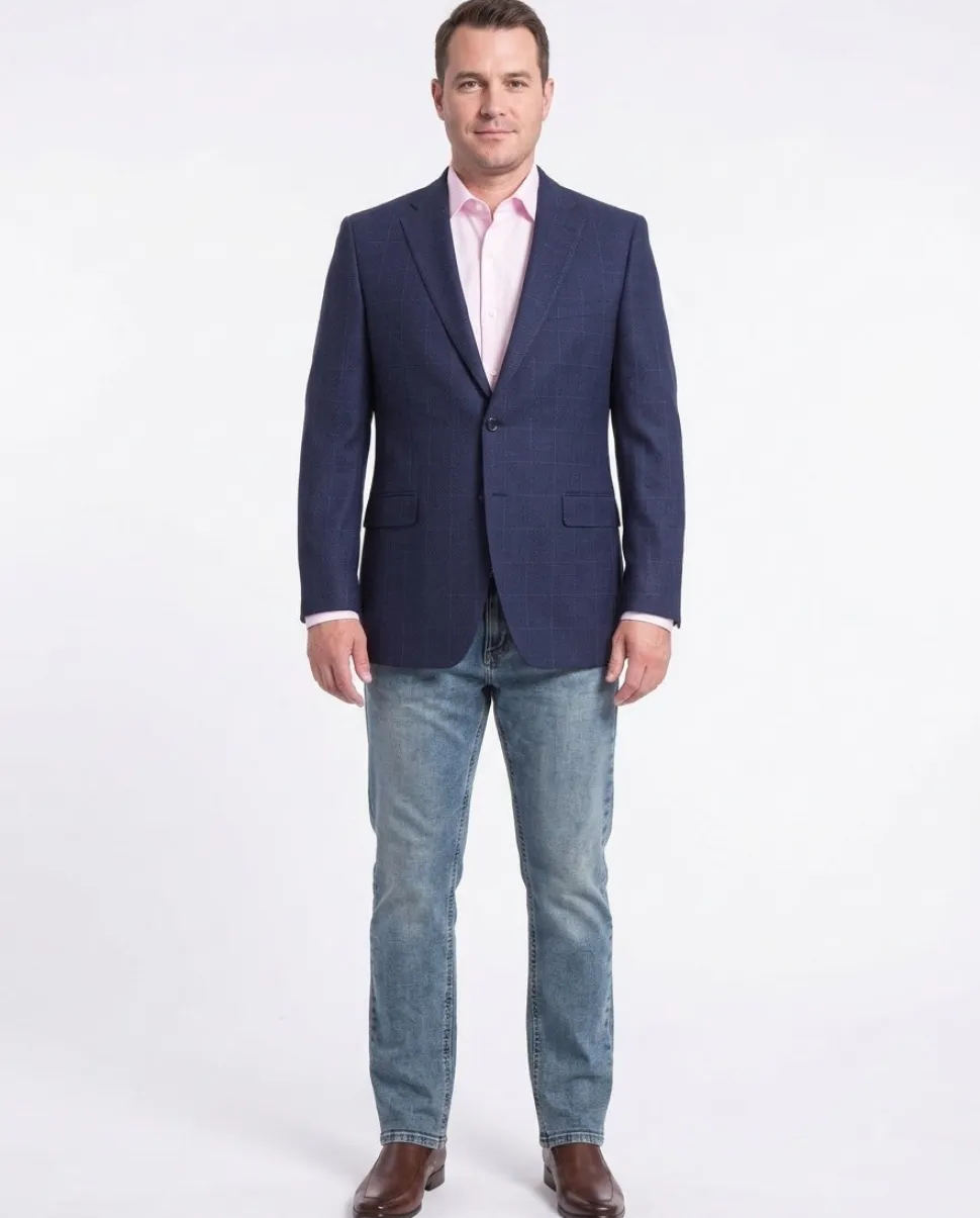 I Uomo Mens Regular Fit Navy Blue Check 2 Button Wool Blazer Sportcoat