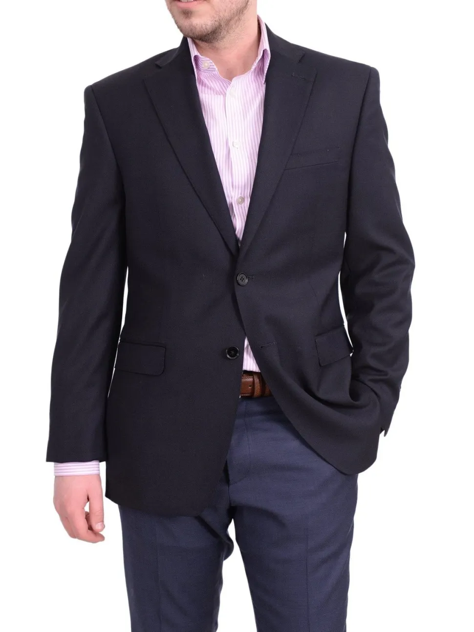 I Uomo Men's Regular Fit Navy Blue Textured Two Button Wool Blazer Sportcoat