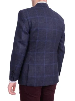 I Uomo Mens Regular Fit Navy Blue Plaid Two Button Wool Blazer Sportcoat