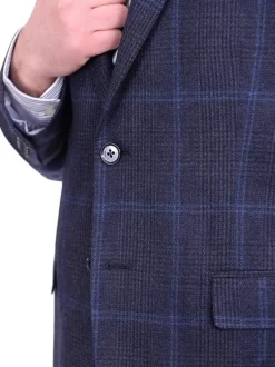 I Uomo Mens Regular Fit Navy Blue Plaid Two Button Wool Blazer Sportcoat